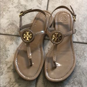 Tory Burch Nude Patent Leather Sandal-Gold Emblem